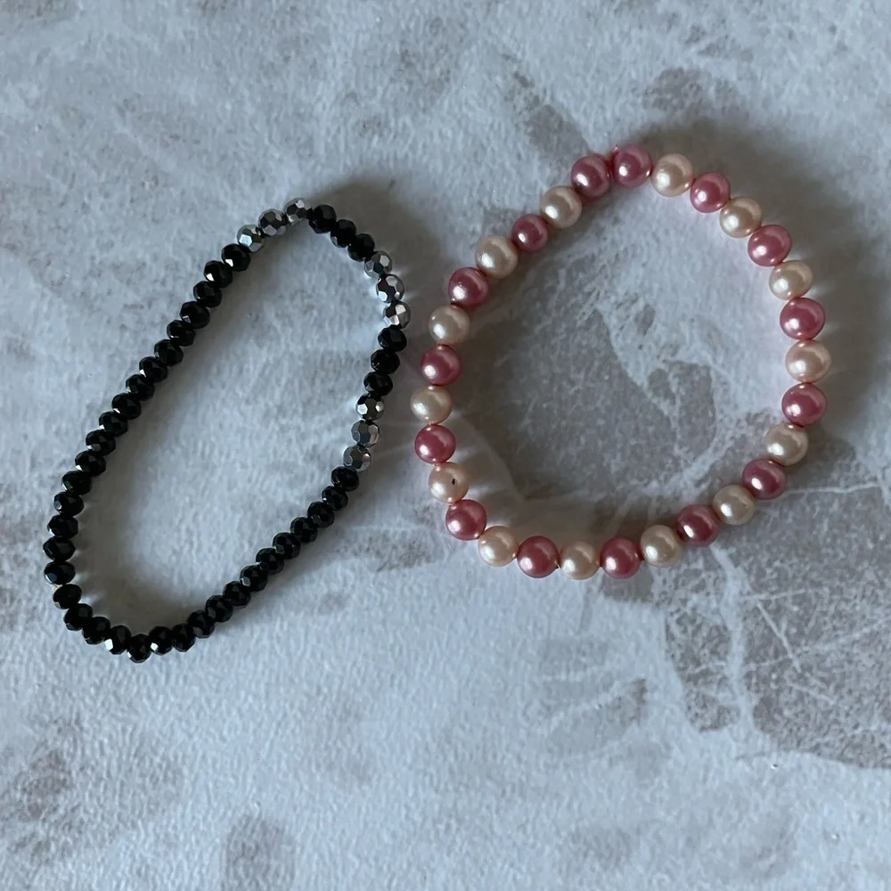 Black and silver tone rondelle, Faux pink pearl stretchy bracelet - 2 strands